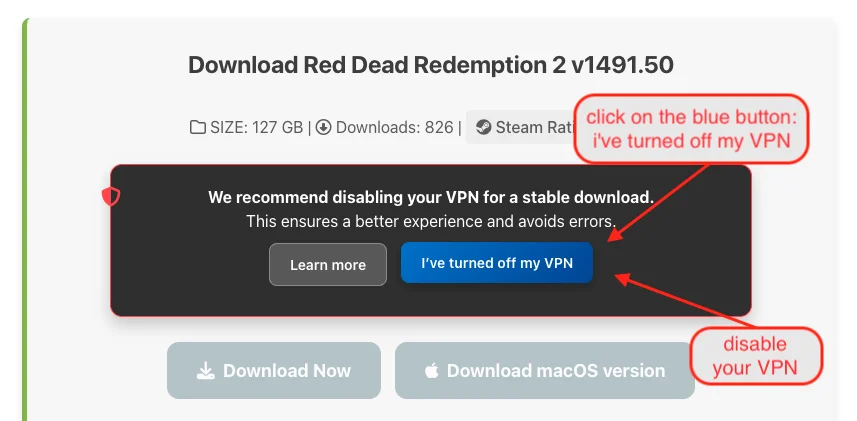 VPN notice shown before MaGamers download buttons are activated